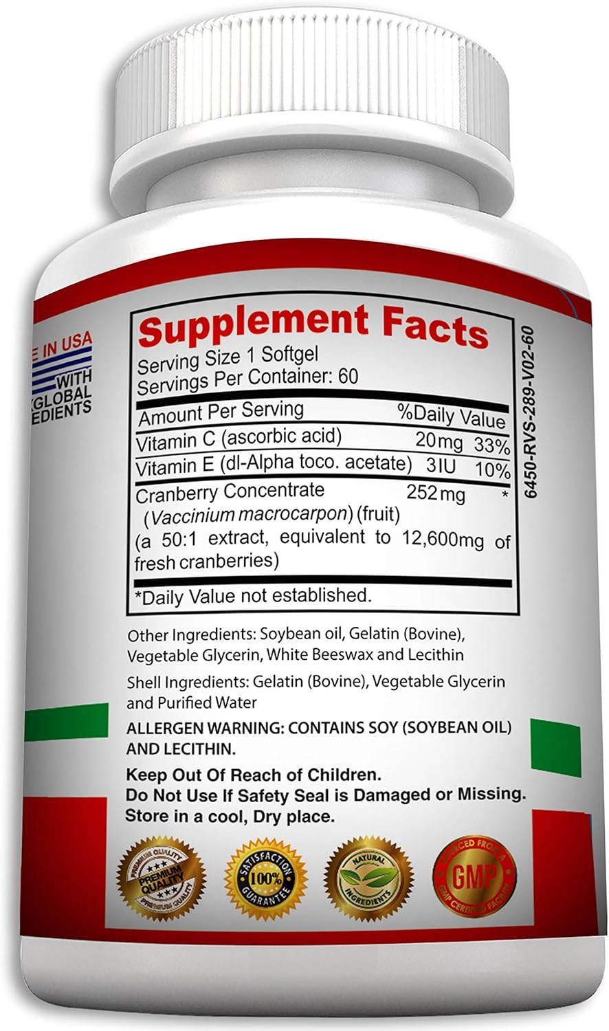 Triple Strength NON GMO Cranberry Concentrate Supplement Pills for UTI - 12600mg Concentrated Cranberries - Easy to Swallow Softgels - 1 Bottle