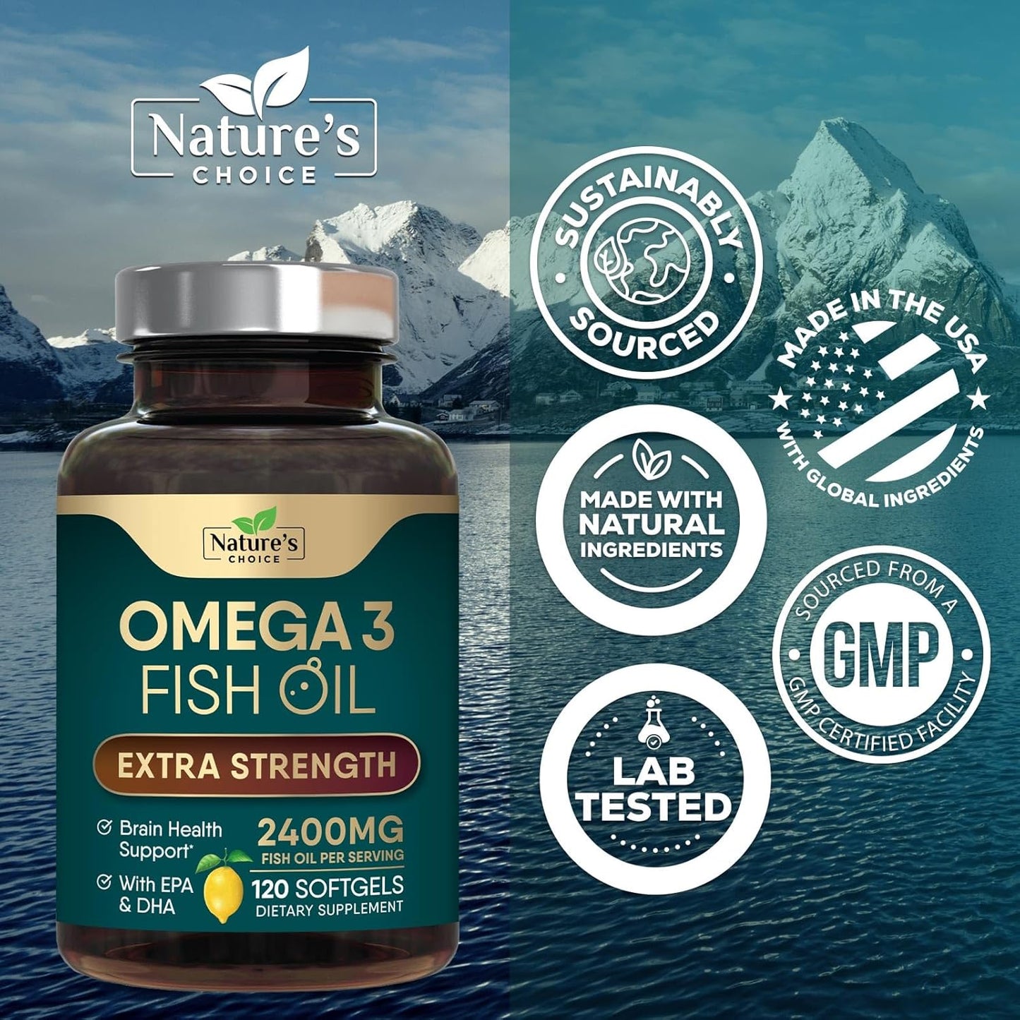 Triple Strength Omega 3 Fish Oil 2400 mg Supplement for Brain & Heart Health - EPA & DHA Fatty Acids - 120 Softgels