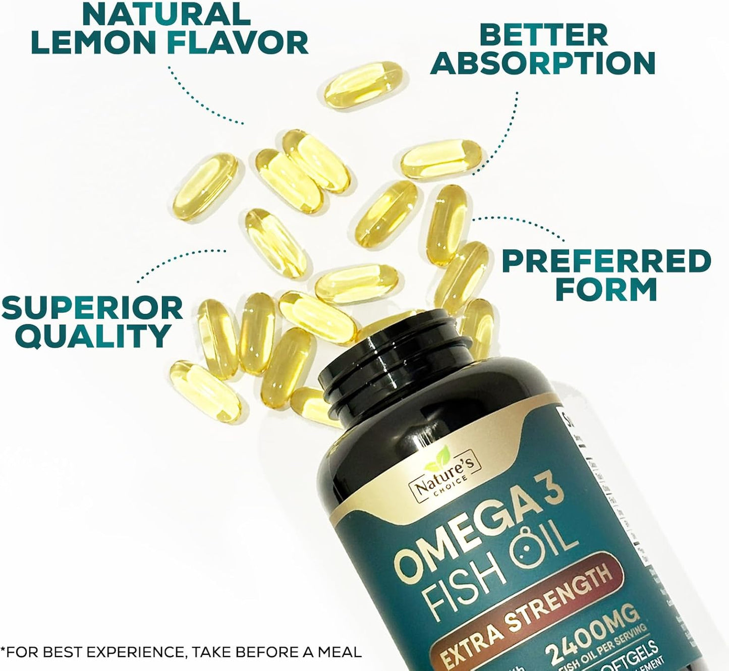 Triple Strength Omega 3 Fish Oil 2400 mg Supplement for Brain & Heart Health - EPA & DHA Fatty Acids - 120 Softgels