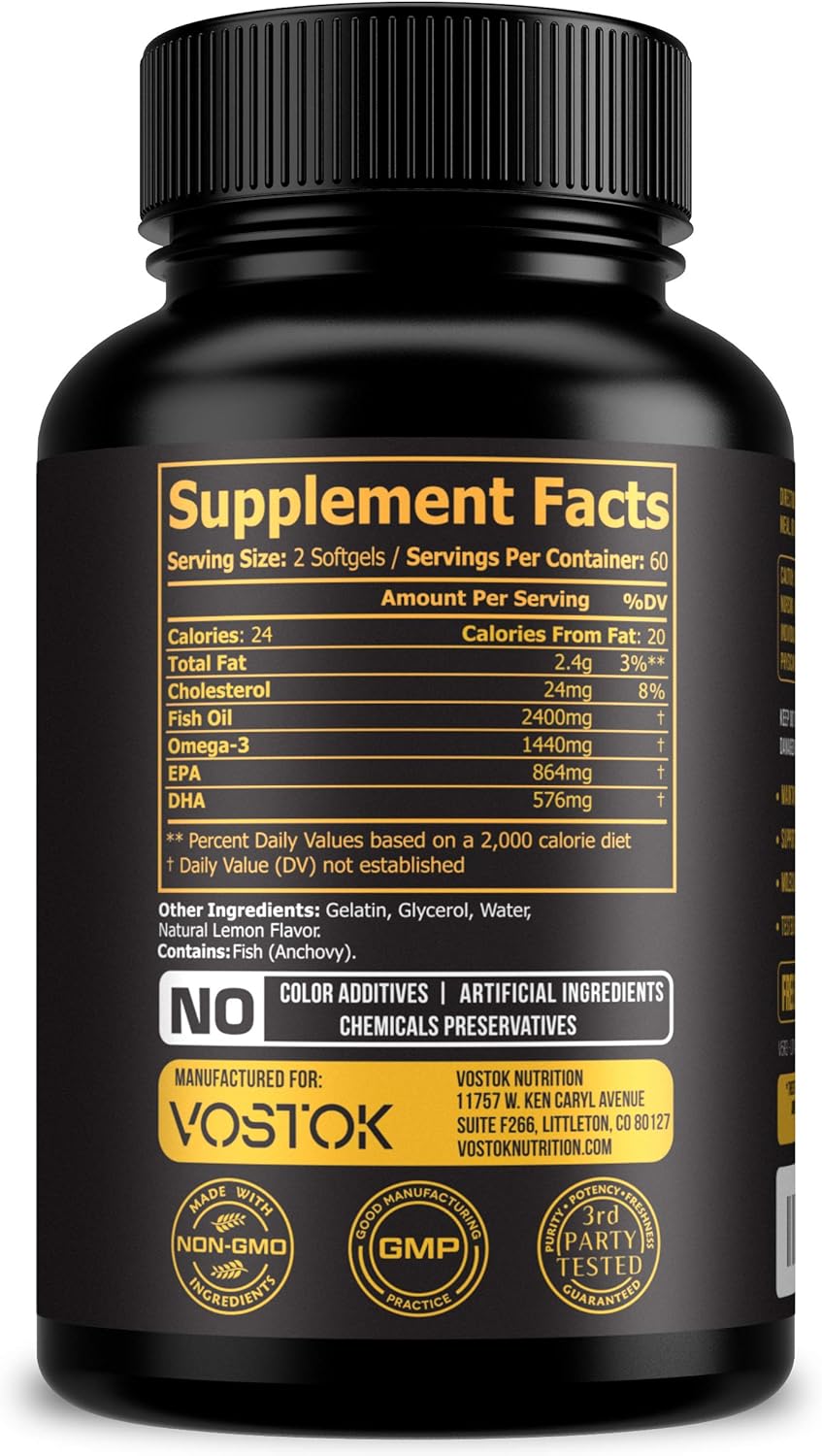 Triple Strength Omega 3 Fish Oil from Wild Caught Fish - High EPA and DHA - Non-GMO, Soy and Gluten Free - Supports Heart, Brain, Joints, and Skin - 120 Softgel Capsules