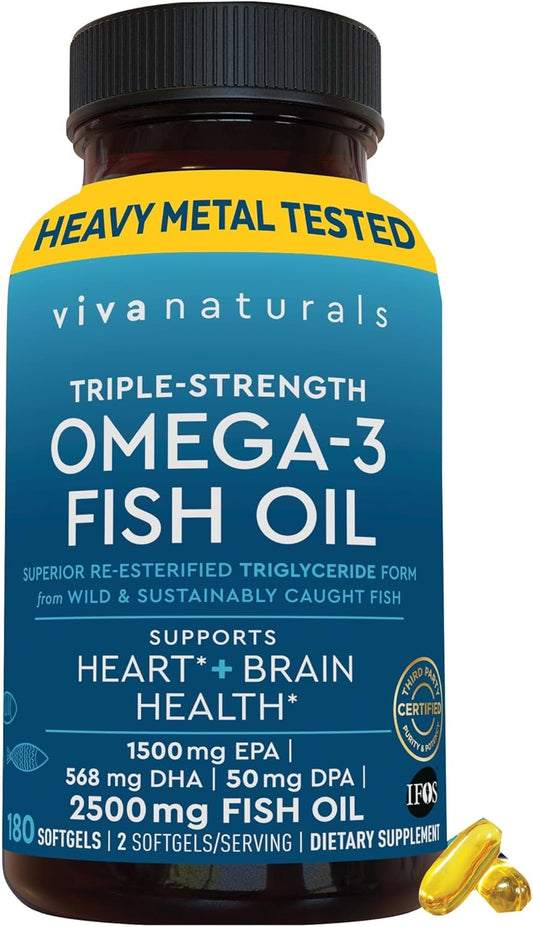 Triple-Strength Omega-3 Fish Oil Softgels - 2500 mg with EPA, DHA & DPA - Enhanced Absorption - 180 Count