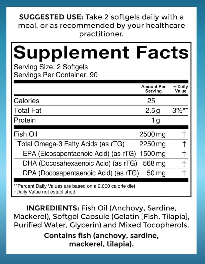 Triple-Strength Omega-3 Fish Oil Softgels - 2500 mg with EPA, DHA & DPA - Enhanced Absorption - 180 Count