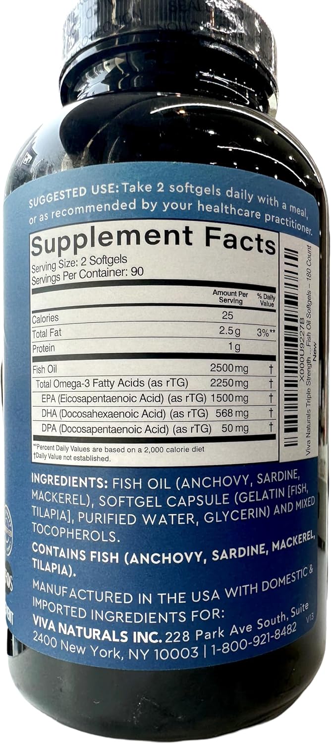 Triple-Strength Omega-3 Fish Oil Softgels - 2500 mg with EPA, DHA & DPA - Enhanced Absorption - 180 Count