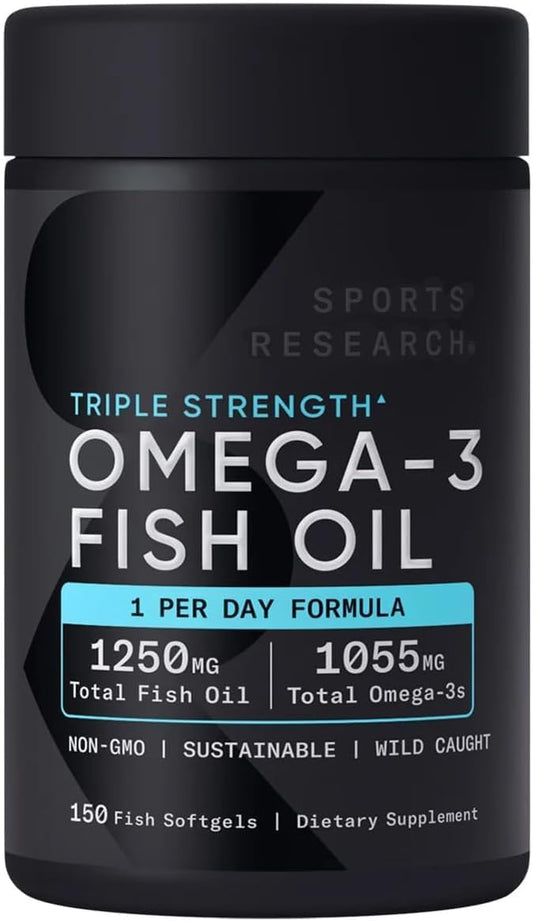 Triple Strength Omega 3 Fish Oil Softgels | 1250 mcg Total Fish Oil | 1055 mcg Total Omega 3s | Non GMO | Wild Caught | 150 Softgels