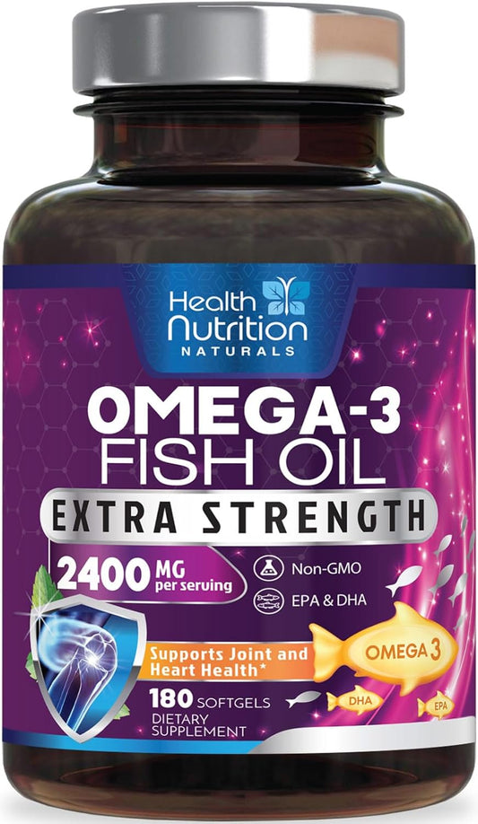 Triple Strength Omega-3 Fish Oil Supplement - 2400mg, EPA & DHA Fatty Acids, Immune, Heart & Brain Health Support - Wild Caught, Non-GMO, Lemon Flavor - 180 Softgels