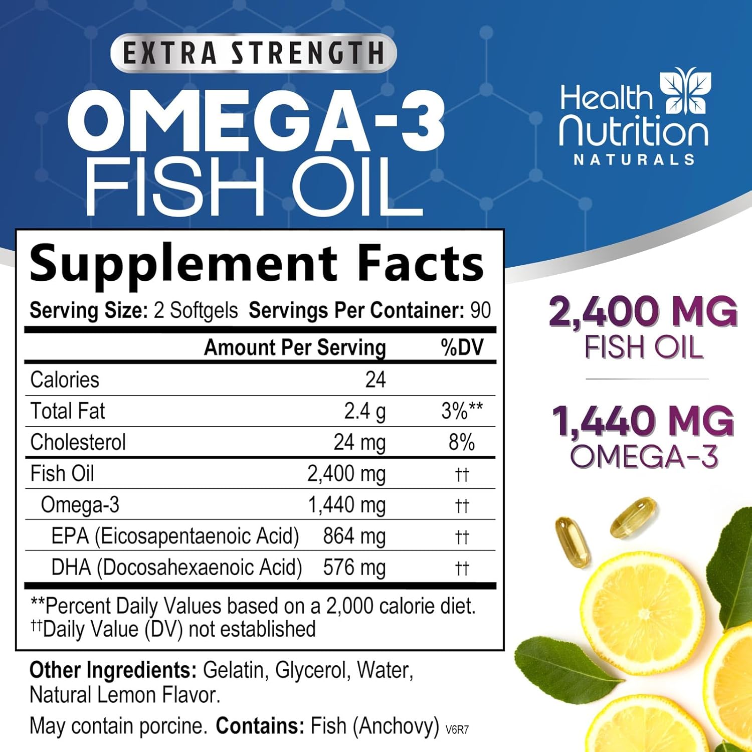 Triple Strength Omega-3 Fish Oil Supplement - 2400mg, EPA & DHA Fatty Acids, Immune, Heart & Brain Health Support - Wild Caught, Non-GMO, Lemon Flavor - 180 Softgels