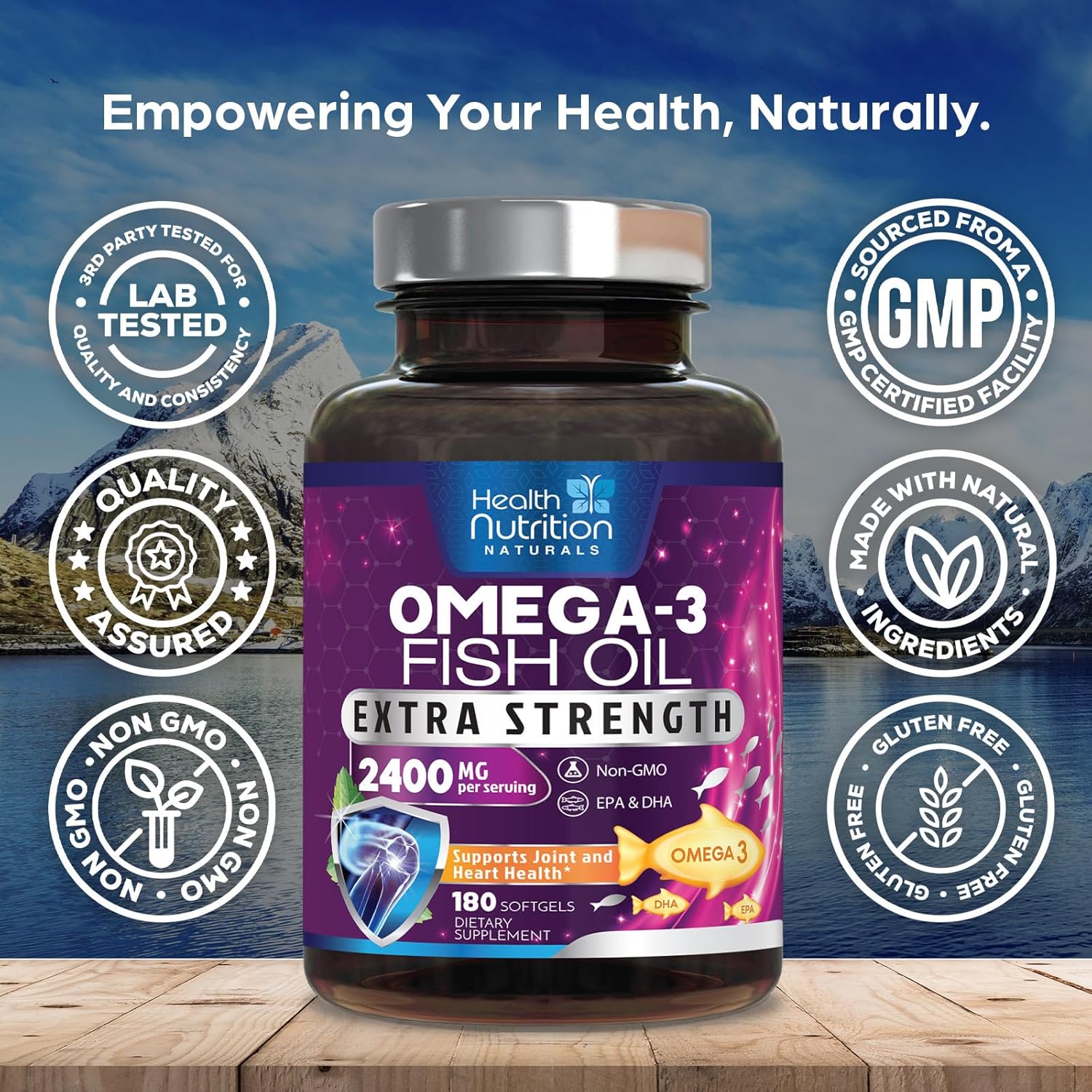 Triple Strength Omega-3 Fish Oil Supplement - 2400mg, EPA & DHA Fatty Acids, Immune, Heart & Brain Health Support - Wild Caught, Non-GMO, Lemon Flavor - 180 Softgels