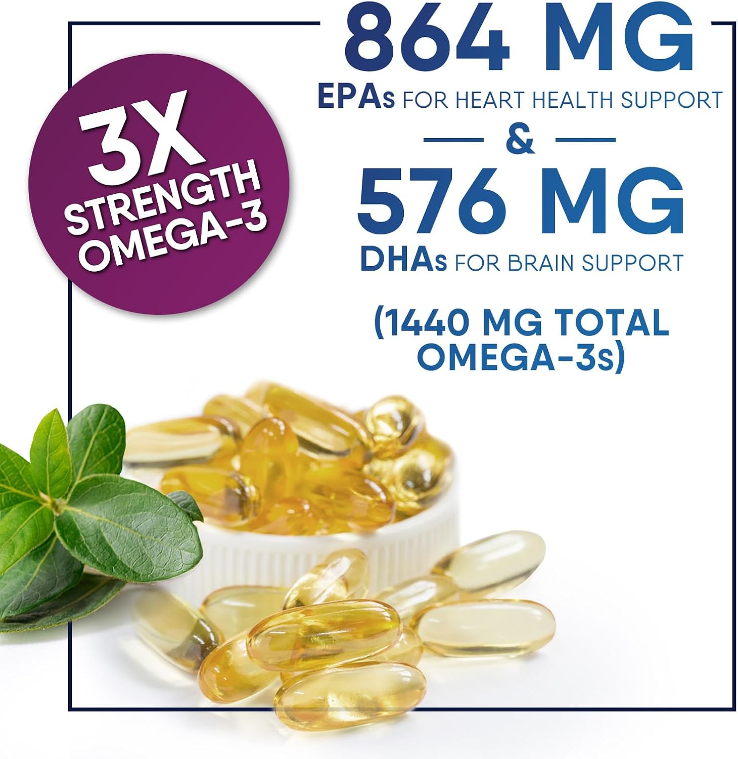 Triple Strength Omega-3 Fish Oil Supplement - 2400mg, EPA & DHA Fatty Acids, Immune, Heart & Brain Health Support - Wild Caught, Non-GMO, Lemon Flavor - 180 Softgels