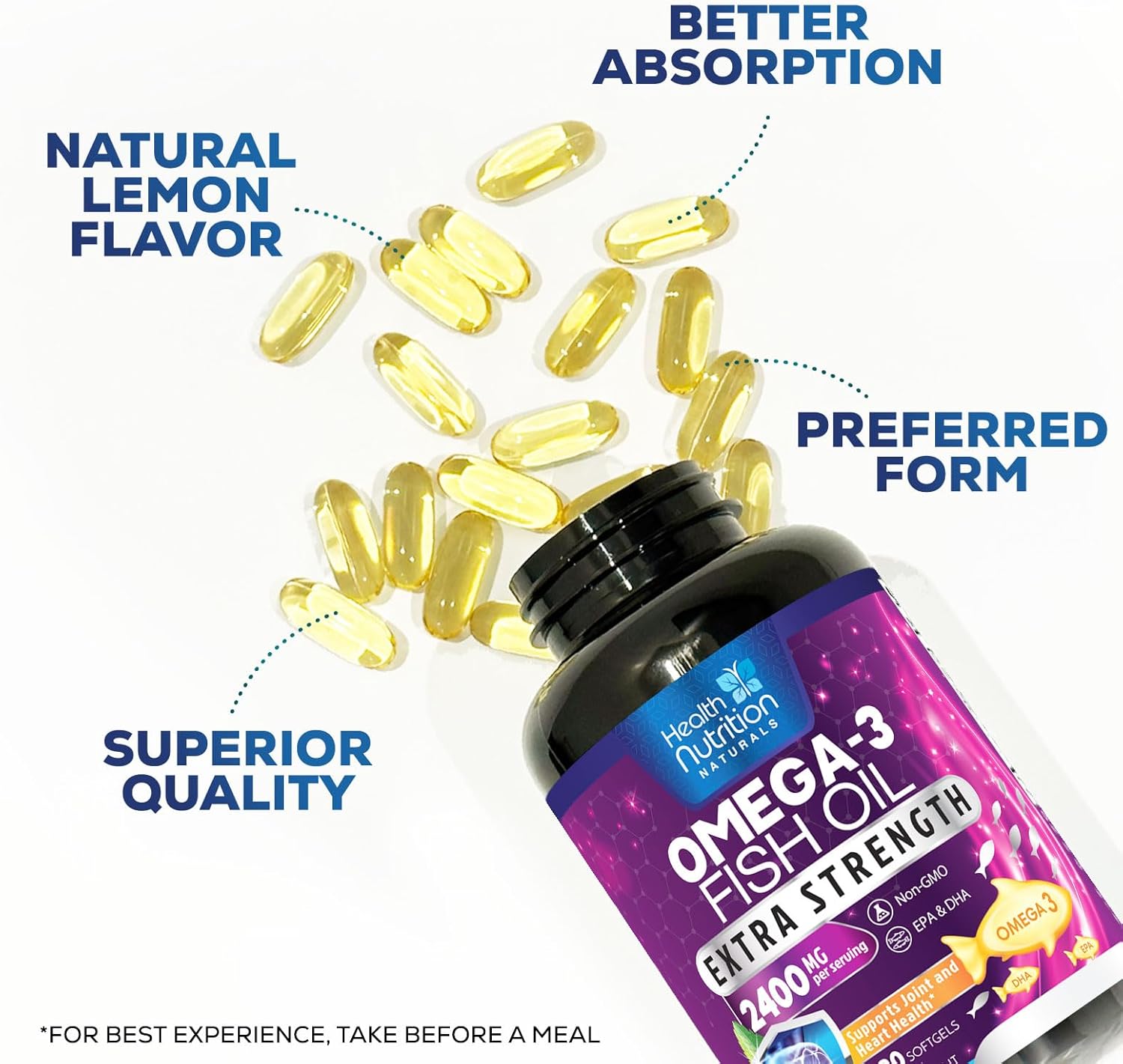 Triple Strength Omega-3 Fish Oil Supplement - 2400mg, EPA & DHA Fatty Acids, Immune, Heart & Brain Health Support - Wild Caught, Non-GMO, Lemon Flavor - 180 Softgels