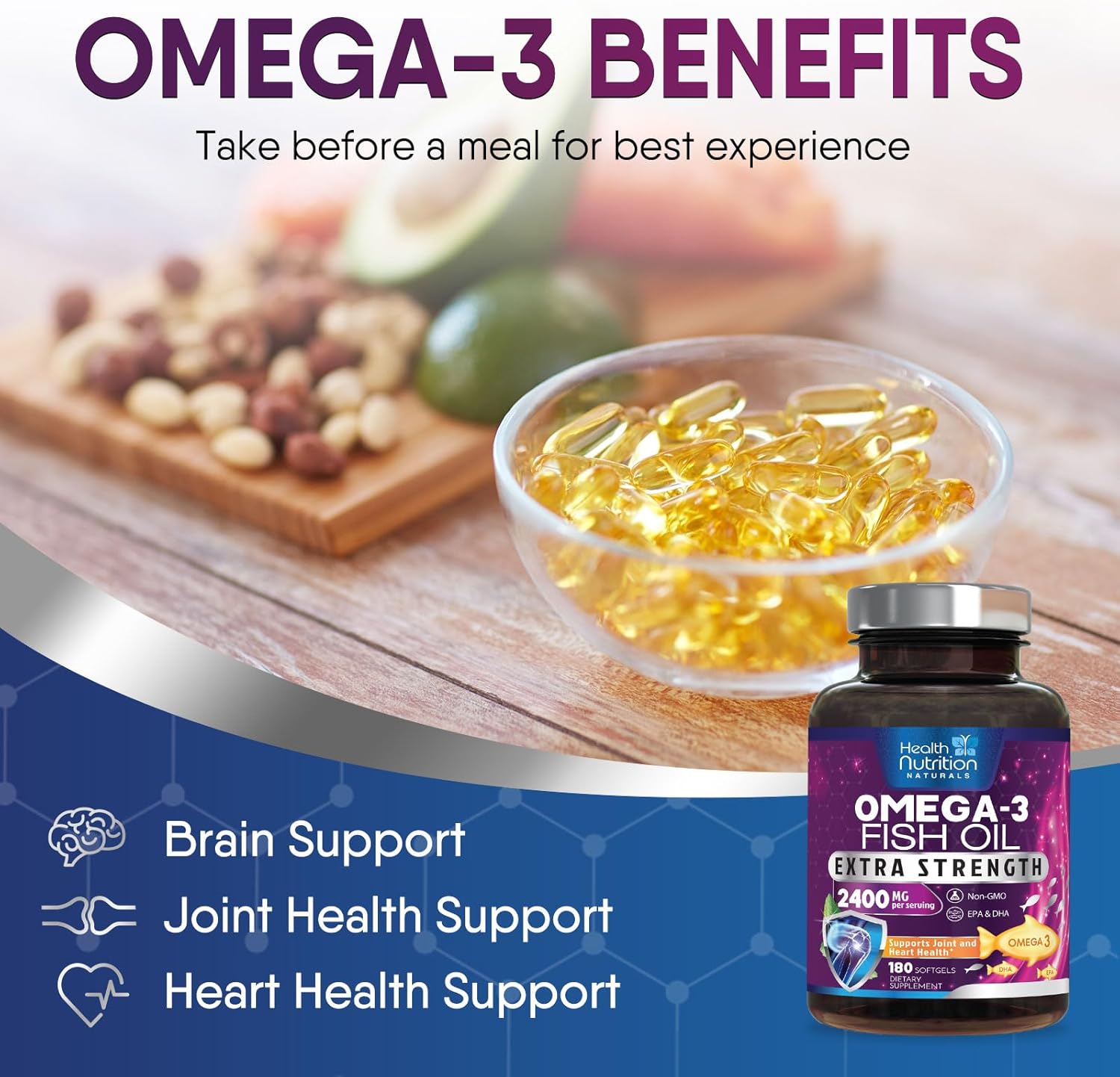 Triple Strength Omega-3 Fish Oil Supplement - 2400mg, EPA & DHA Fatty Acids, Immune, Heart & Brain Health Support - Wild Caught, Non-GMO, Lemon Flavor - 180 Softgels