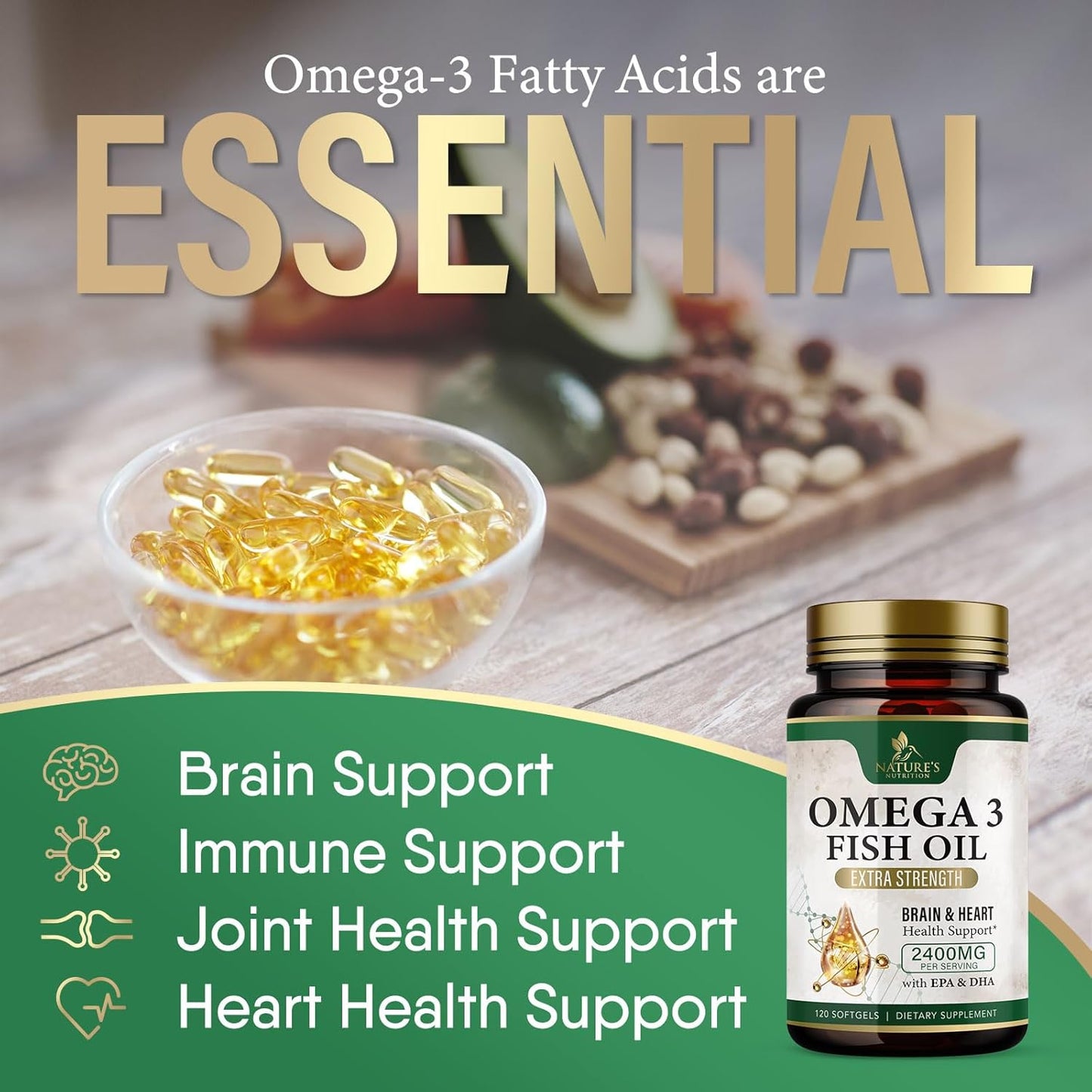 Triple Strength Omega-3 Fish Oil Supplement with EPA & DHA - 2400mg - Immune, Heart & Brain Health Support - Non-GMO - Lemon Flavor - 120 Softgels