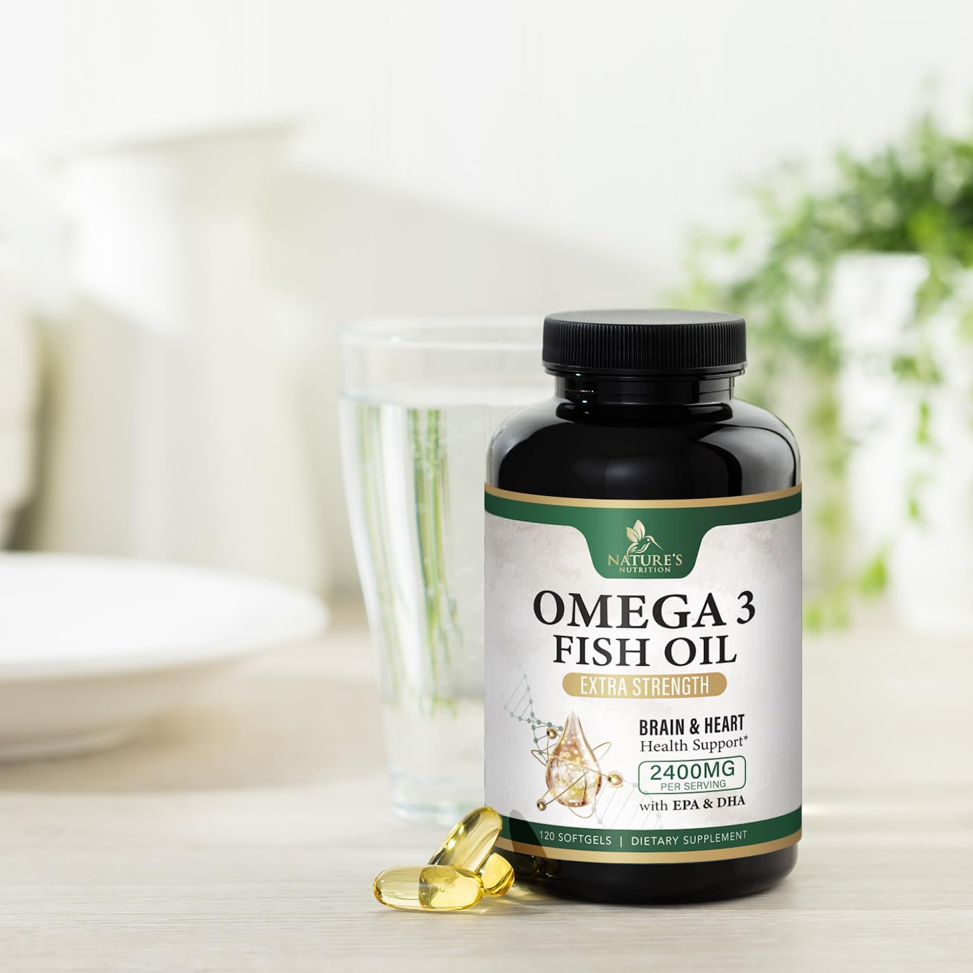 Triple Strength Omega-3 Fish Oil Supplement with EPA & DHA - 2400mg - Immune, Heart & Brain Health Support - Non-GMO - Lemon Flavor - 120 Softgels