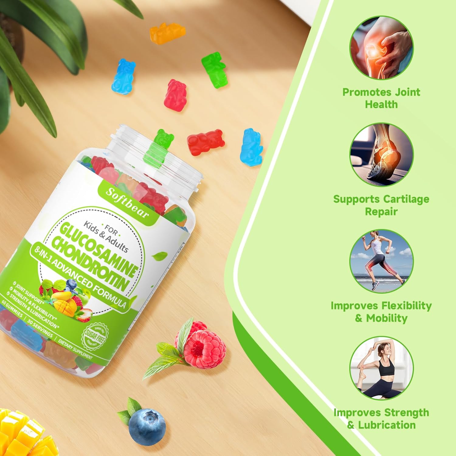 Triple Strength Organic Glucosamine Chondroitin Gummies with MSM - Vegan Joint Support Supplement - Mixed Fruit Flavor - 120 Gummies