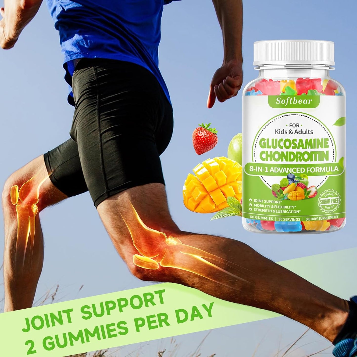 Triple Strength Organic Glucosamine Chondroitin Gummies with MSM - Vegan Joint Support Supplement - Mixed Fruit Flavor - 120 Gummies