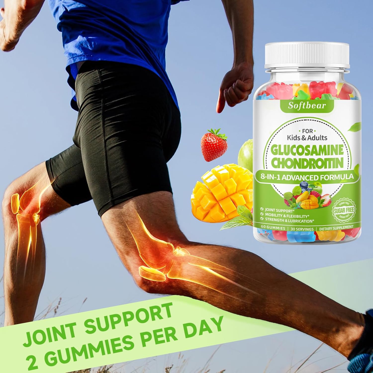 Triple Strength Organic Glucosamine Chondroitin Gummies with MSM - Vegan Joint Support Supplement - Mixed Fruit Flavor - 120 Gummies