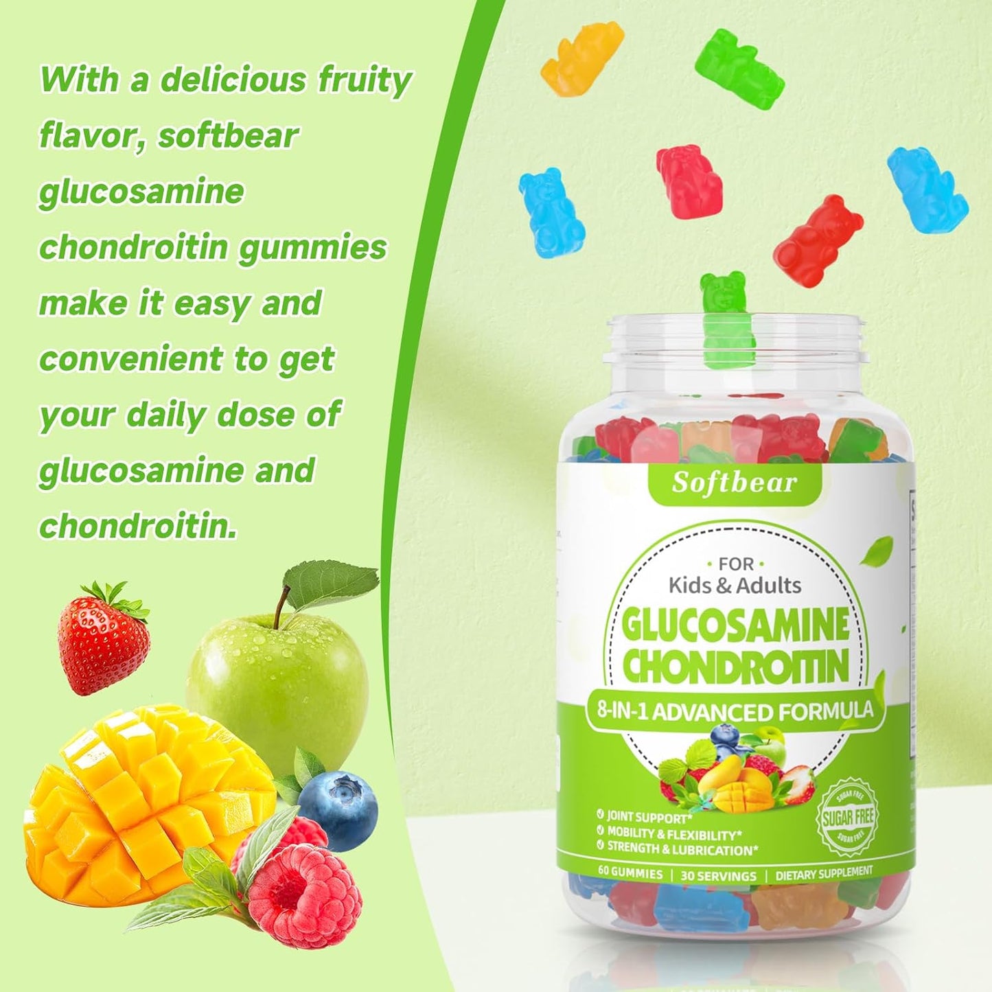 Triple Strength Organic Glucosamine Chondroitin Gummies with MSM - Vegan Joint Support Supplement - Mixed Fruit Flavor - 120 Gummies