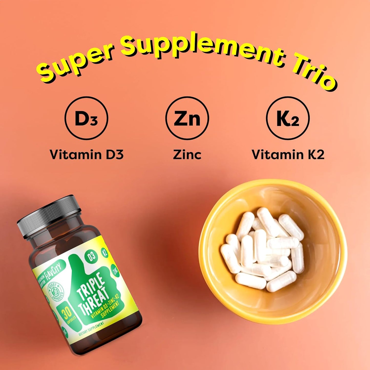 Triple Threat Vitamin D3, Zinc & K2 Supplement for Immune Support - 3-in-1 Dietary Capsules - 30 Count