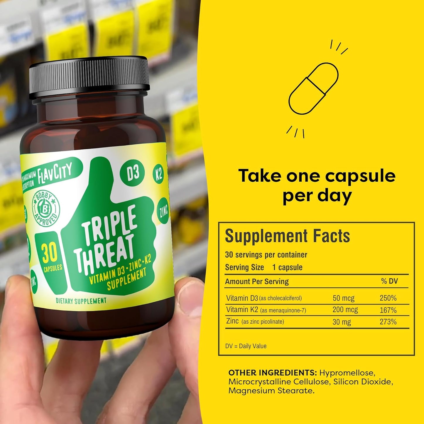 Triple Threat Vitamin D3, Zinc & K2 Supplement for Immune Support - 3-in-1 Dietary Capsules - 30 Count
