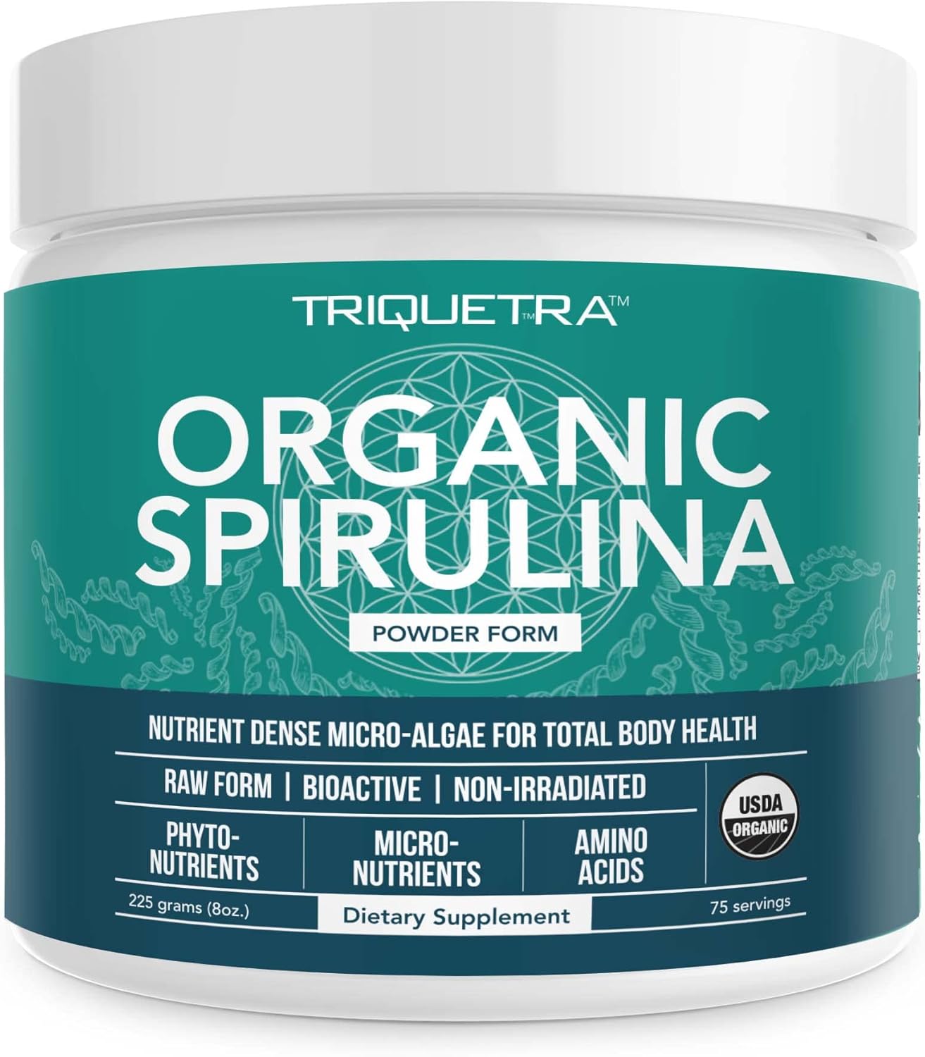 Triquetra Health Parry® Spirulina Powder - Highest Nutrient Density, Non-Irradiated, 4 Organic Certifications, Vegan Farming Process - 75 Servings (8 oz)