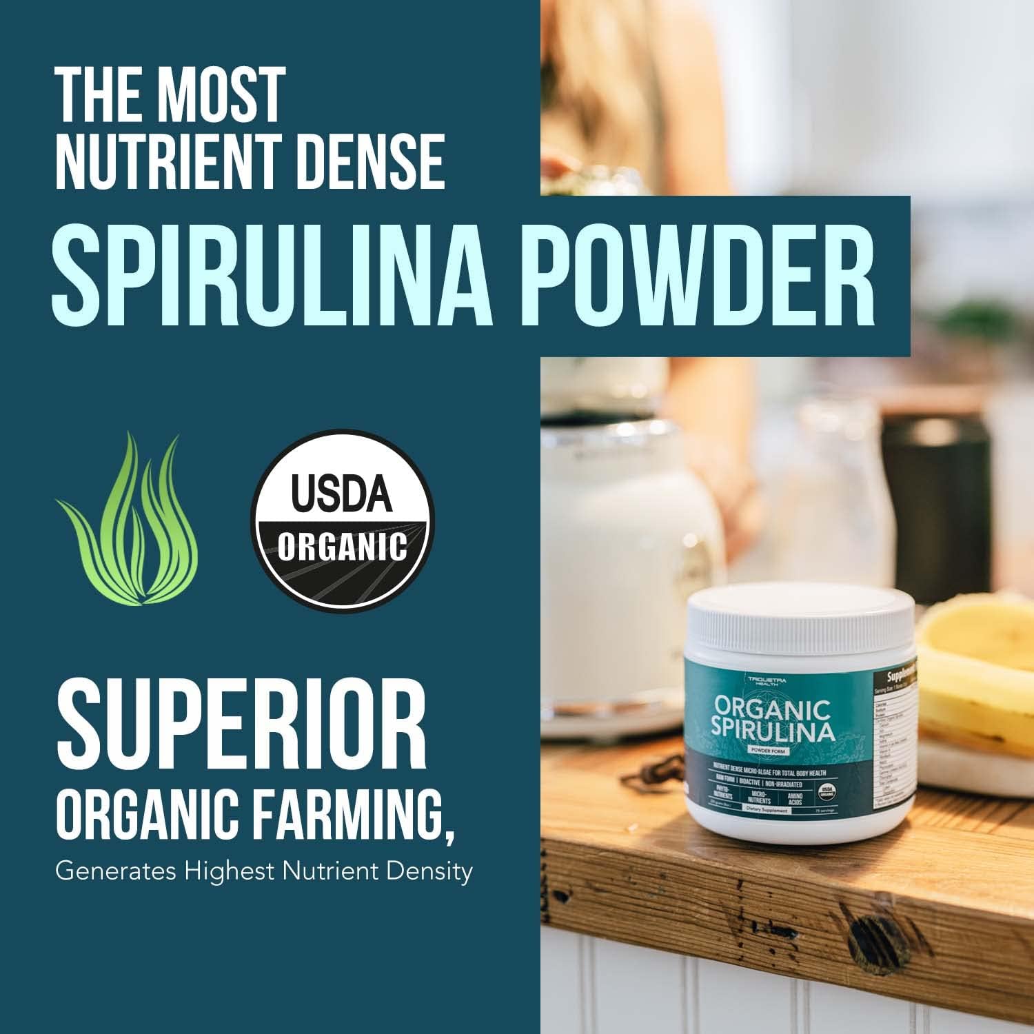 Triquetra Health Parry® Spirulina Powder - Highest Nutrient Density, Non-Irradiated, 4 Organic Certifications, Vegan Farming Process - 75 Servings (8 oz)