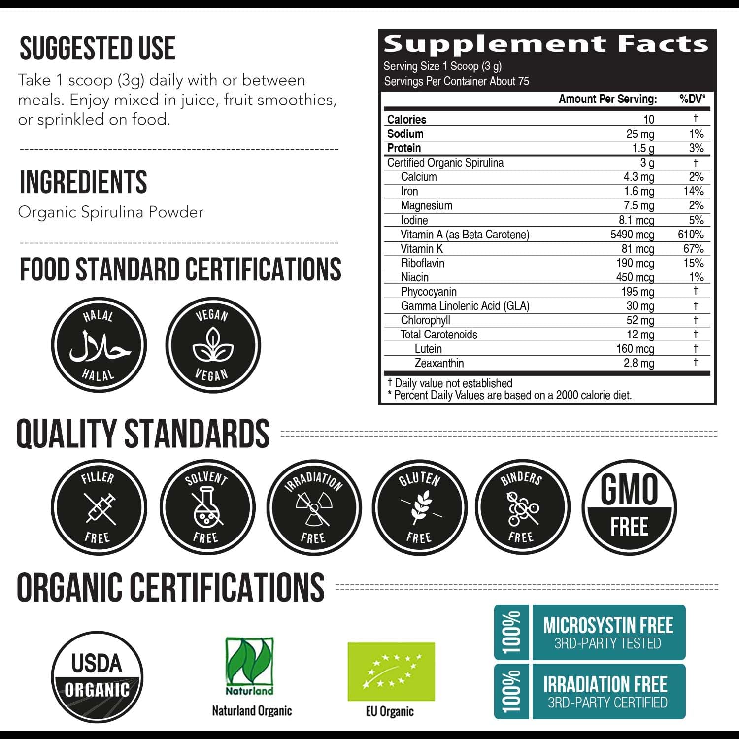 Triquetra Health Parry® Spirulina Powder - Highest Nutrient Density, Non-Irradiated, 4 Organic Certifications, Vegan Farming Process - 75 Servings (8 oz)