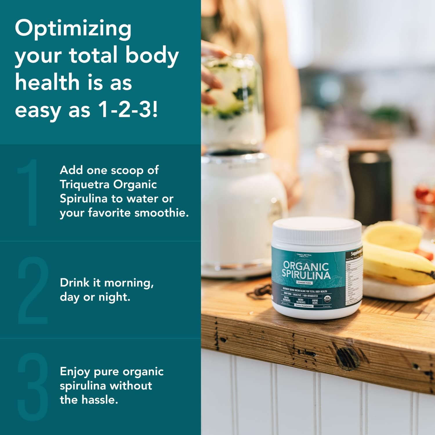 Triquetra Health Parry® Spirulina Powder - Highest Nutrient Density, Non-Irradiated, 4 Organic Certifications, Vegan Farming Process - 75 Servings (8 oz)