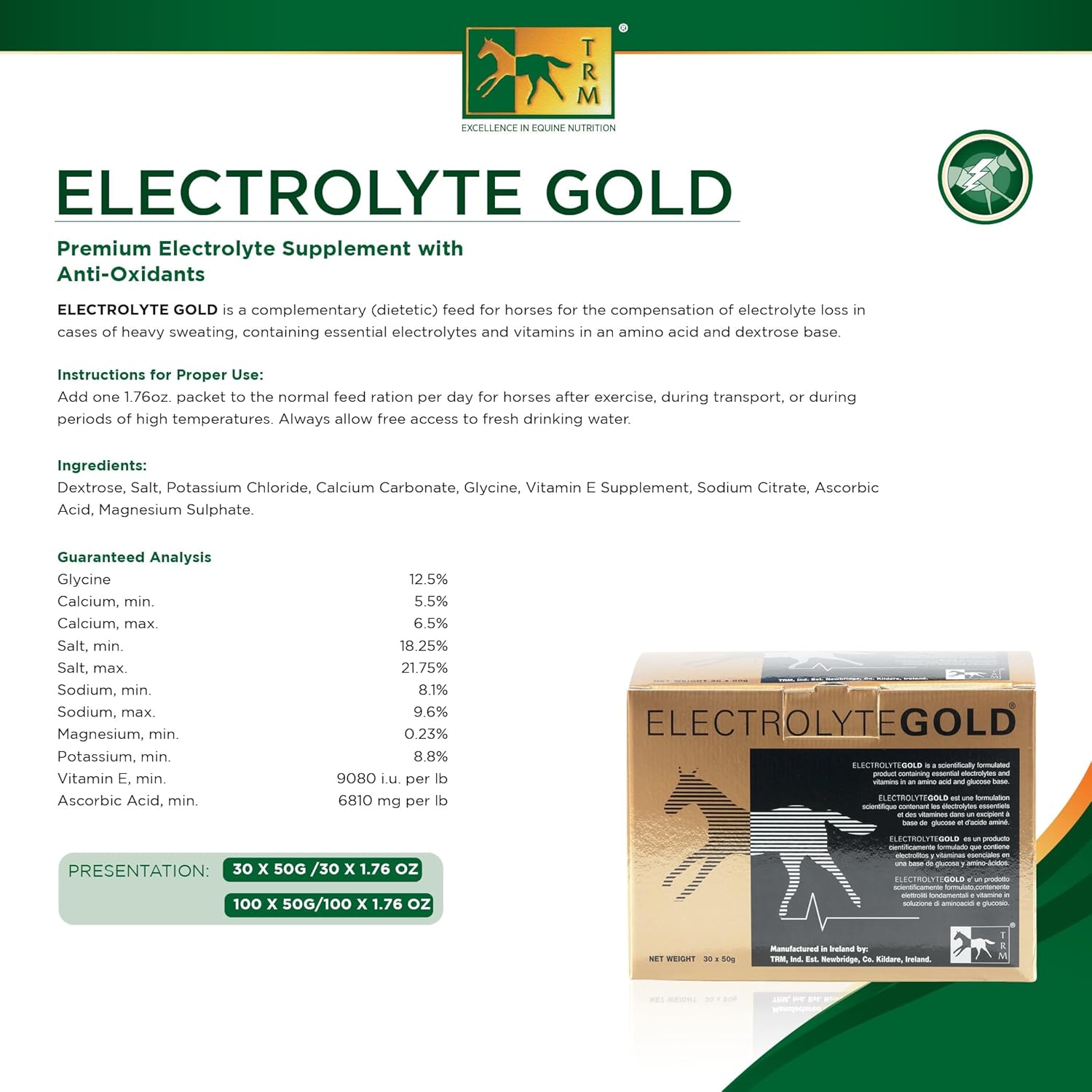 TRM Electrolyte Gold Performance Horse Feed Supplement with Vitamin C & E - 30 Sachets of 1.76 oz