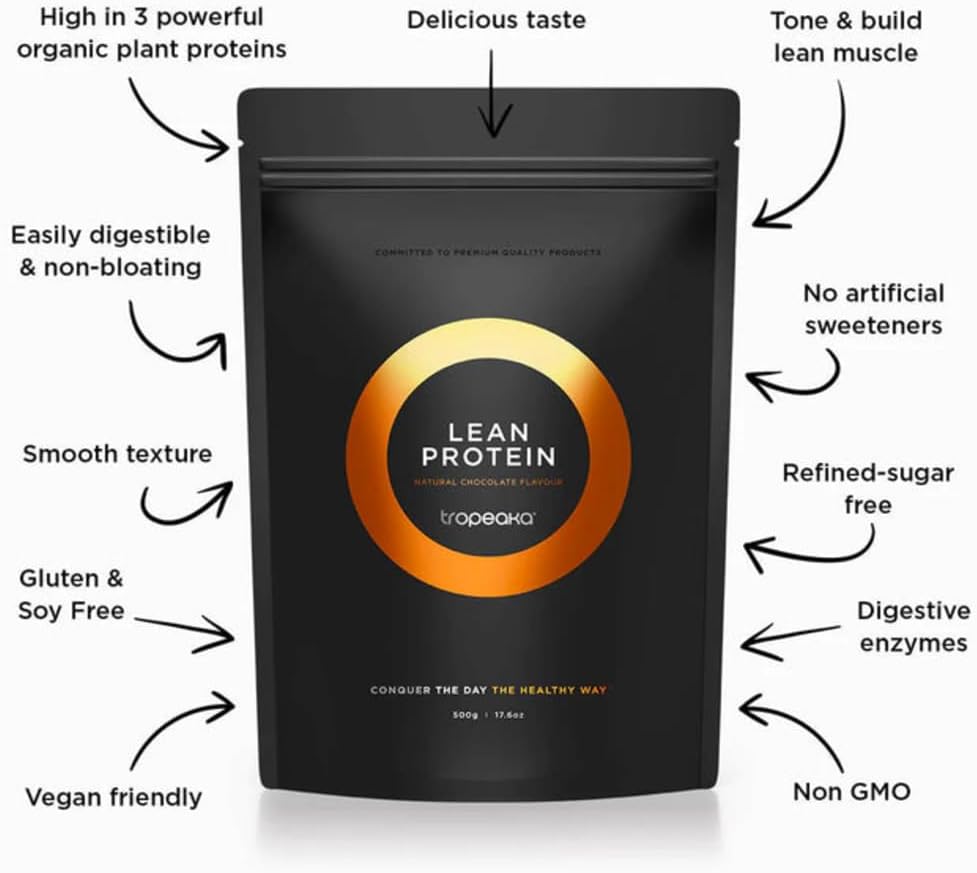 Tropeaka Chocolate Lean Plant Based Protein Powder - Vegan Protein for Men & Women, Gluten & Dairy Free - 17.6oz