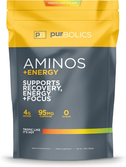 Tropic Like It's Hot: Purbolics Aminos + Energy with 95mg Caffeine, 0 Sugar, 60 Servings for Recovery, Energy & Focus