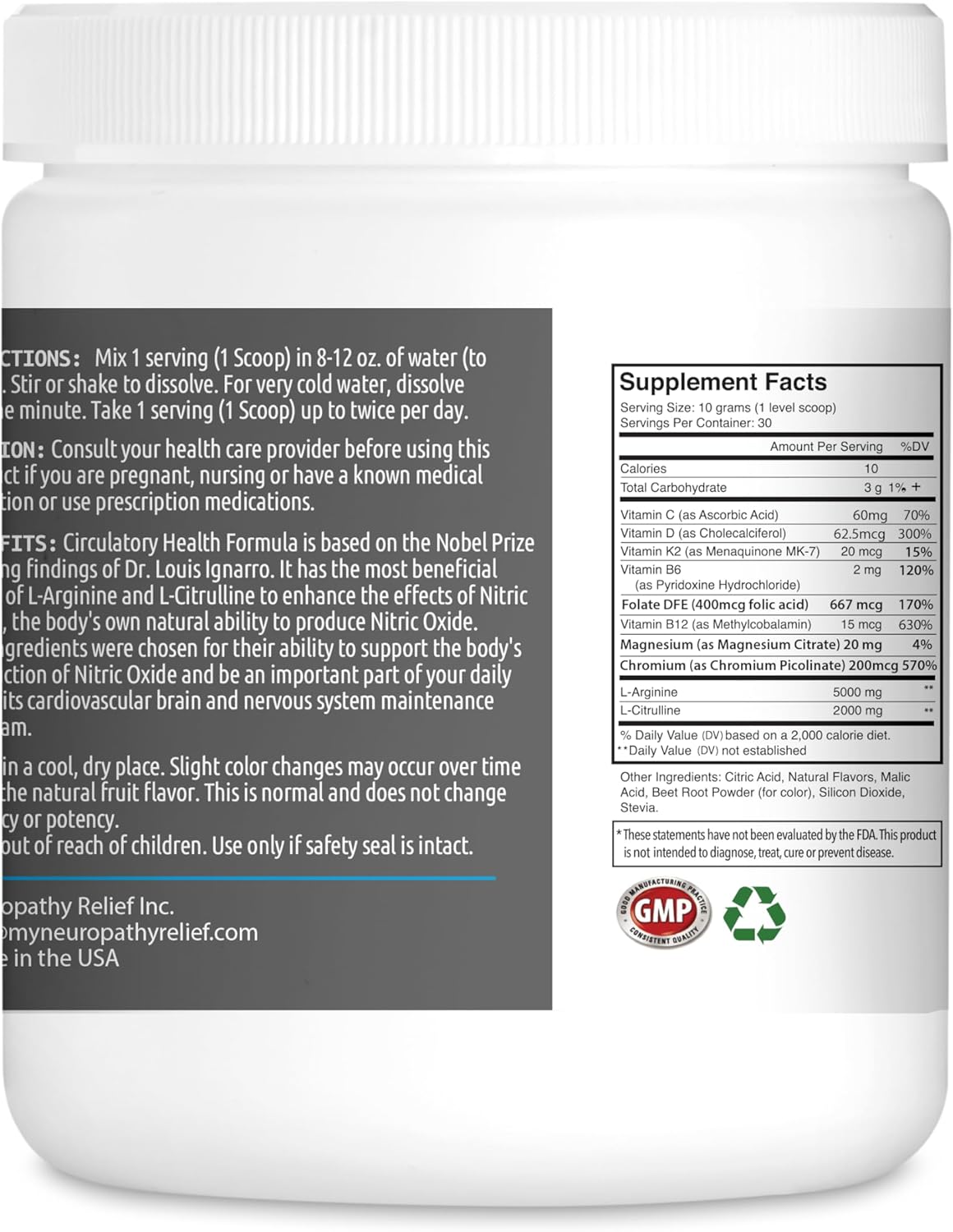 Tropical Flavor Neuropathy Relief Circulatory Health Formula with Nitric Oxide Booster - 30 Servings