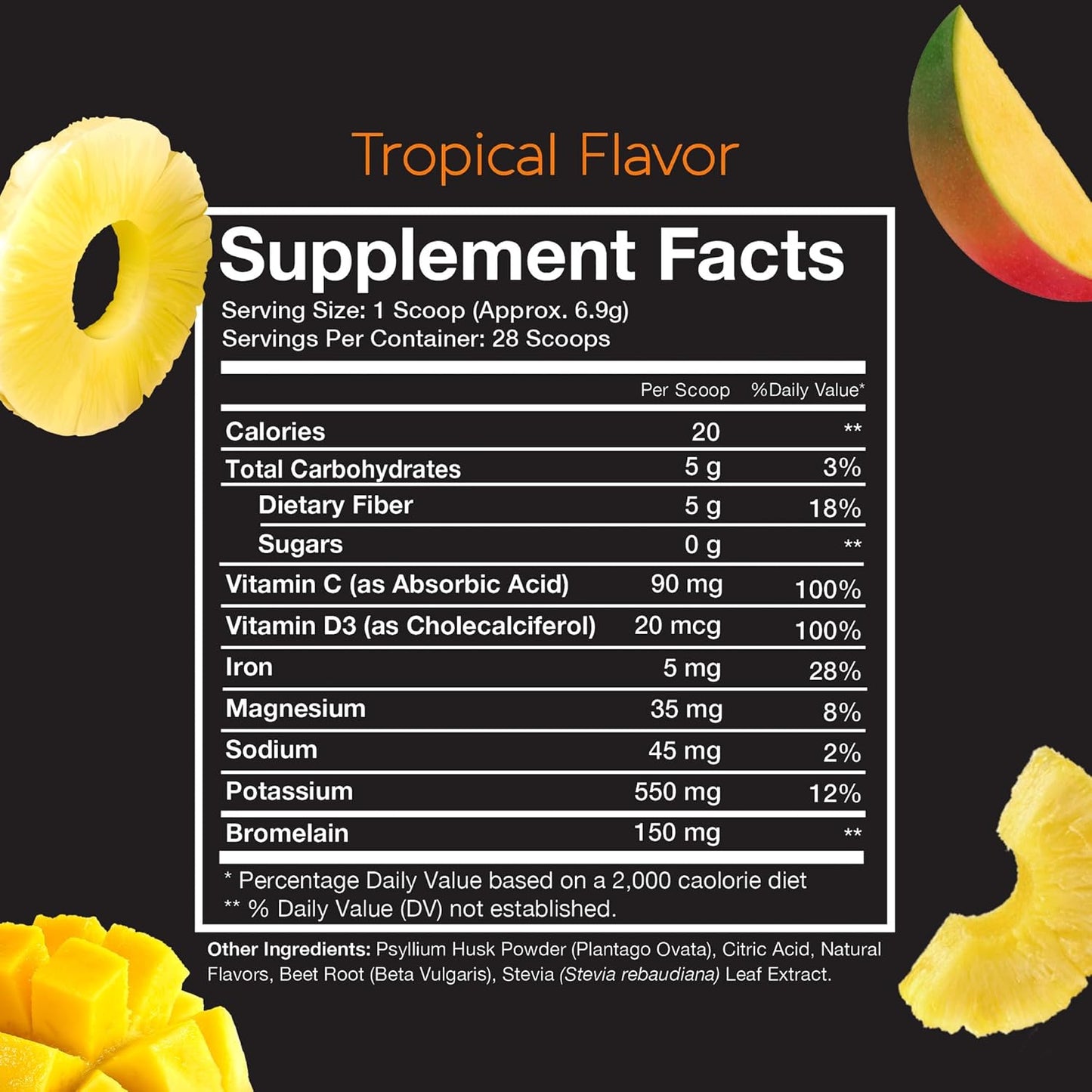 Tropical Flavored Psyllium Husk Fiber Powder for Digestive Health - Keto & Vegan Friendly - 28-Day Supply