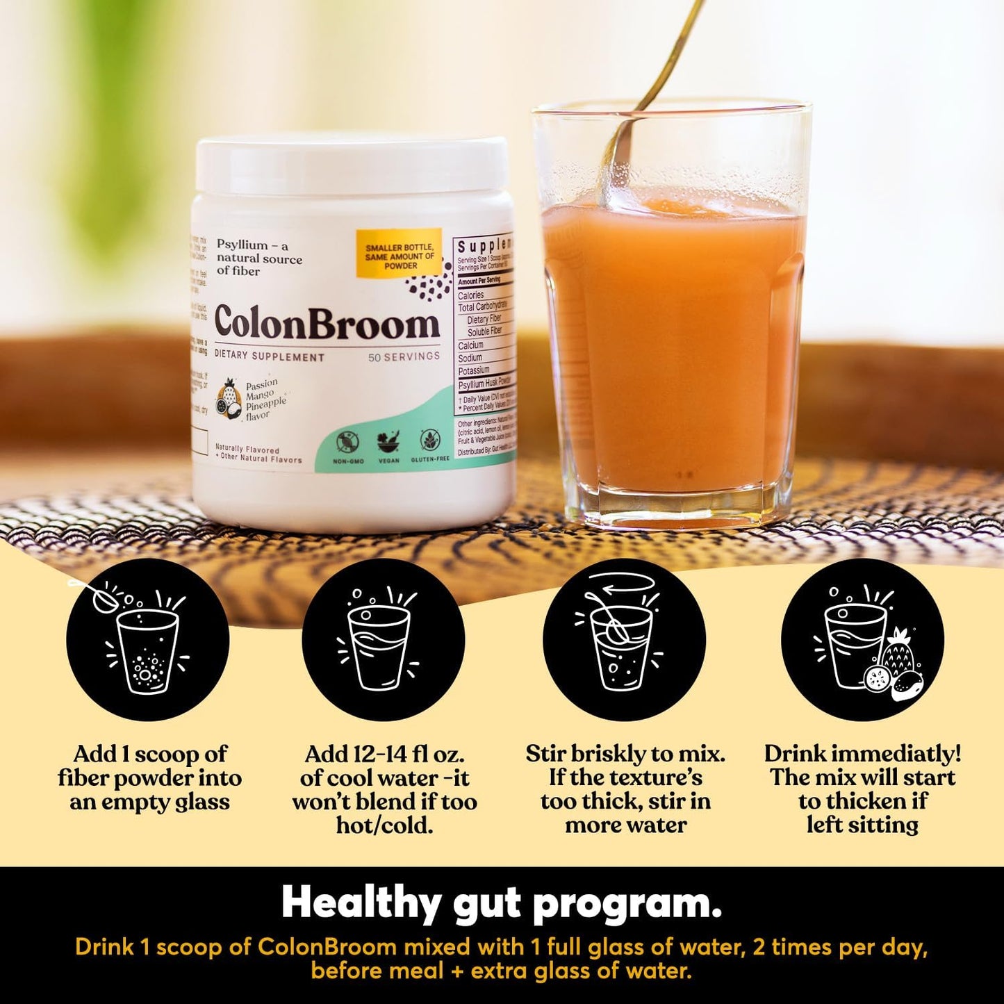 Tropical Fruits ColonBroom Psyllium Husk Powder with Stevia - Vegan Fiber Supplement for Gut Health & Bloating Relief - 100 Servings