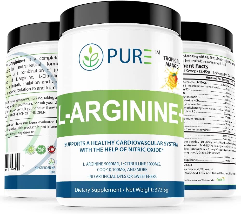 Tropical Mango L-Arginine+ with L-Citrulline, CoQ10 - Supports Blood Pressure, Cholesterol, Energy, Muscle Development & More