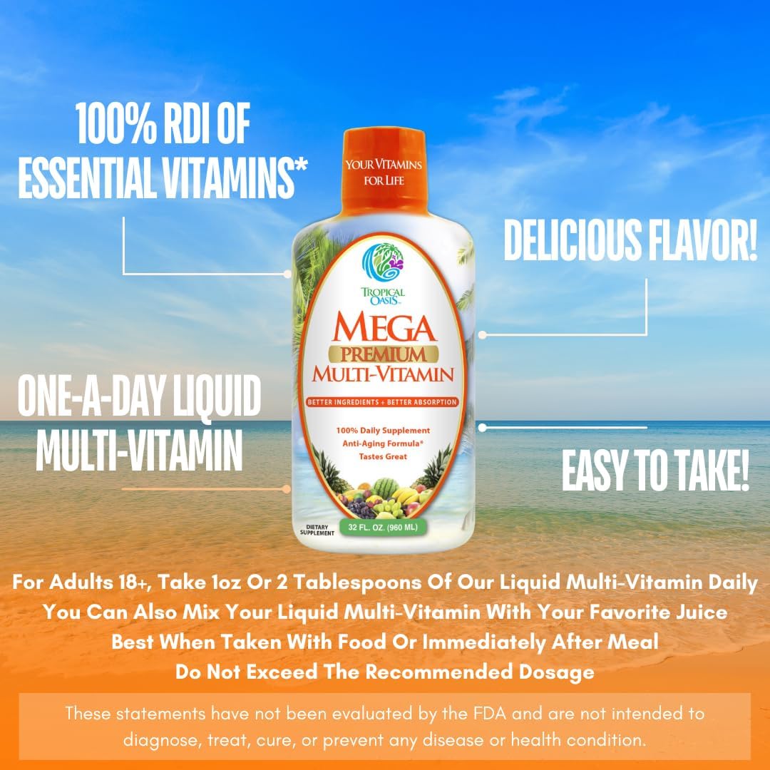 Tropical Oasis Liquid Multivitamin with High Vitamin C and D3, Zinc, 20 Vitamins, 70 Minerals, and 21 Amino Acids for Immune Support | Orange Flavor | Sugar Free | 98% Absorption | 32 Servings