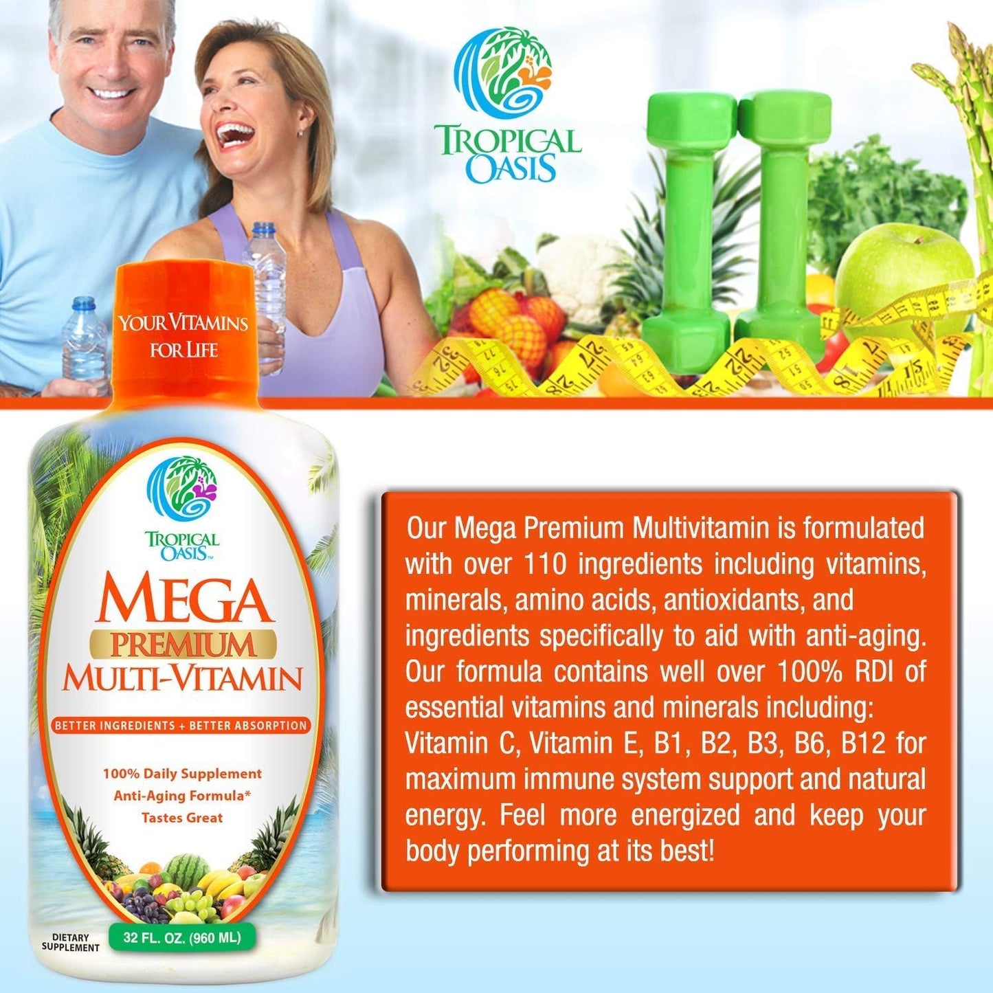 Tropical Oasis Liquid Multivitamin with High Vitamin C and D3, Zinc, 20 Vitamins, 70 Minerals, and 21 Amino Acids for Immune Support | Orange Flavor | Sugar Free | 98% Absorption | 32 Servings
