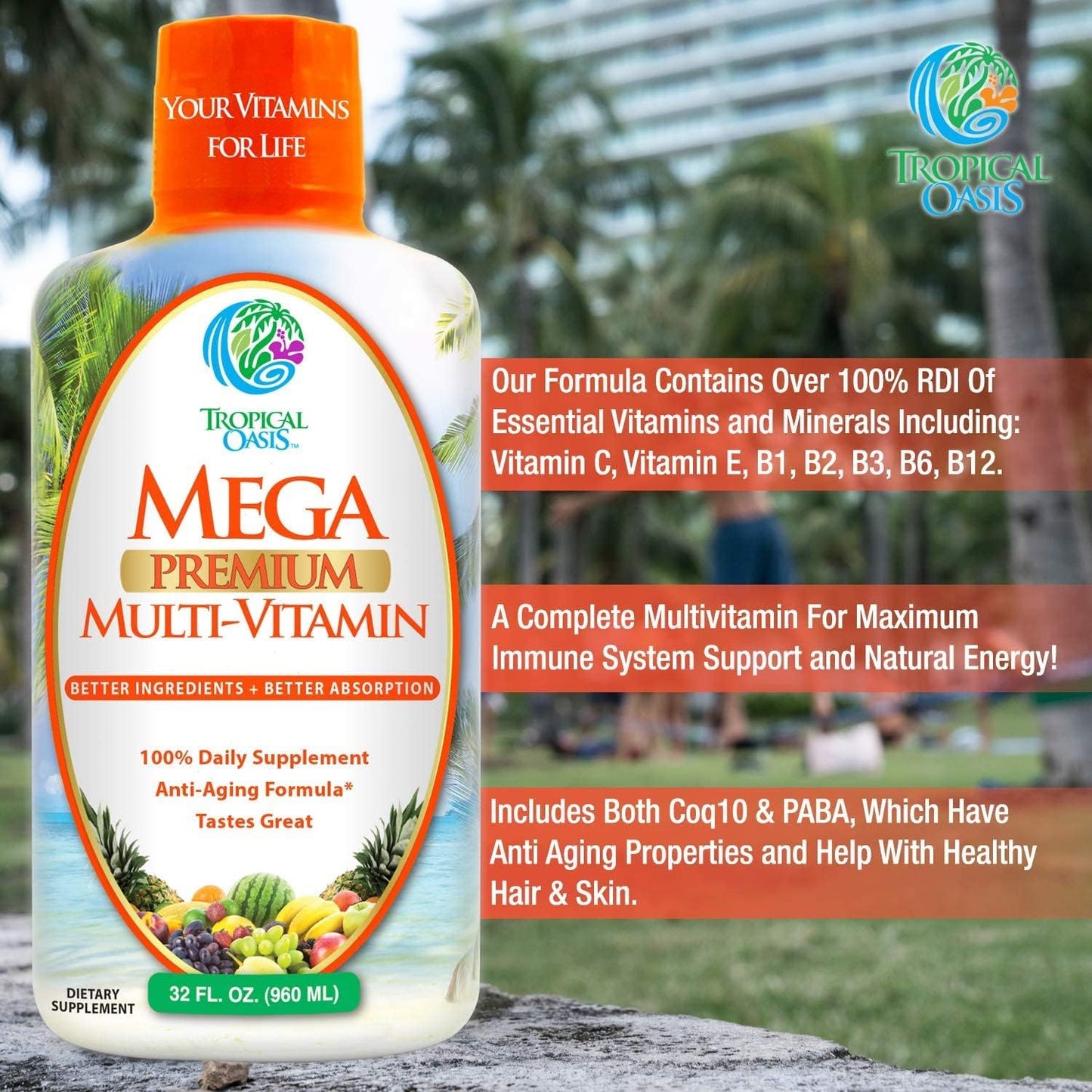 Tropical Oasis Liquid Multivitamin with High Vitamin C and D3, Zinc, 20 Vitamins, 70 Minerals, and 21 Amino Acids for Immune Support | Orange Flavor | Sugar Free | 98% Absorption | 32 Servings