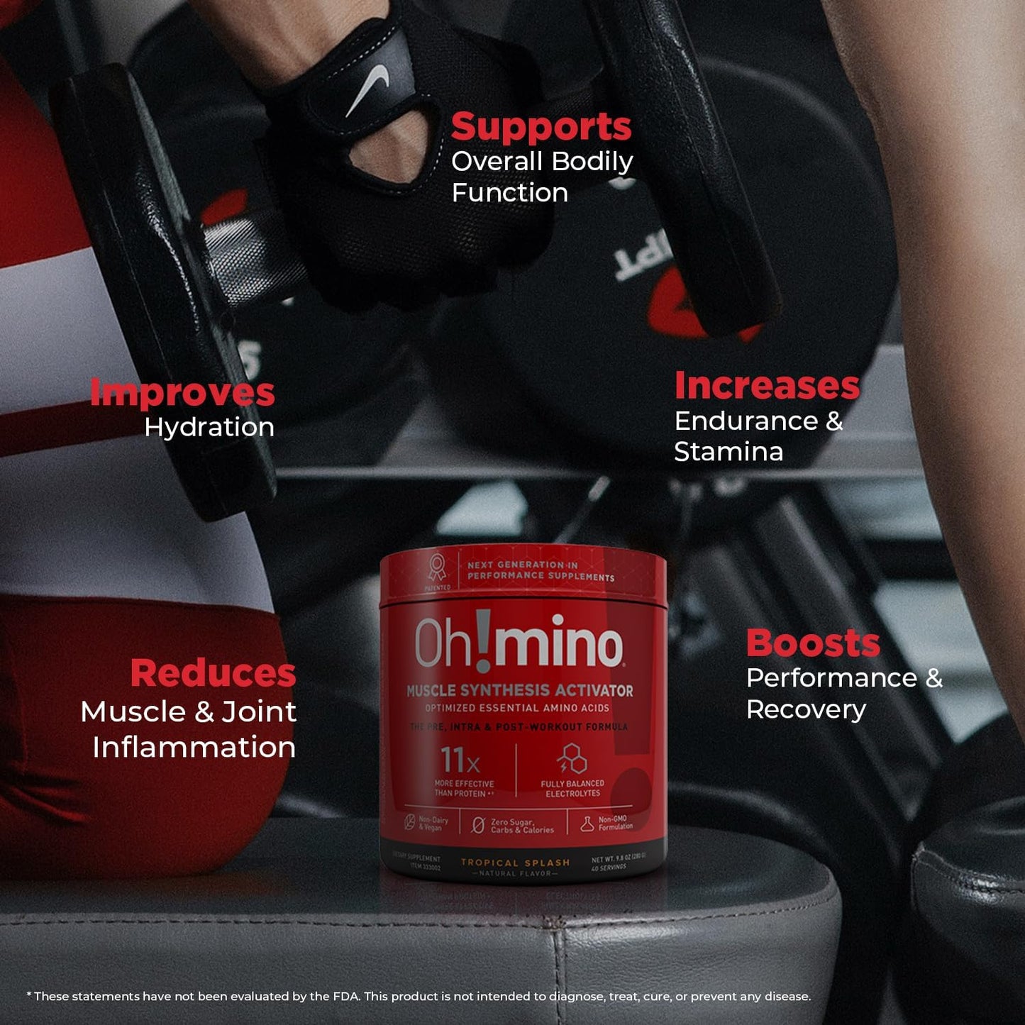 Tropical Splash Oh!mino Amino Acids Powder Supplement for Pre & Post Workout Recovery - Vegan, Caffeinated, Zero Sugar - 280g, 40 Servings