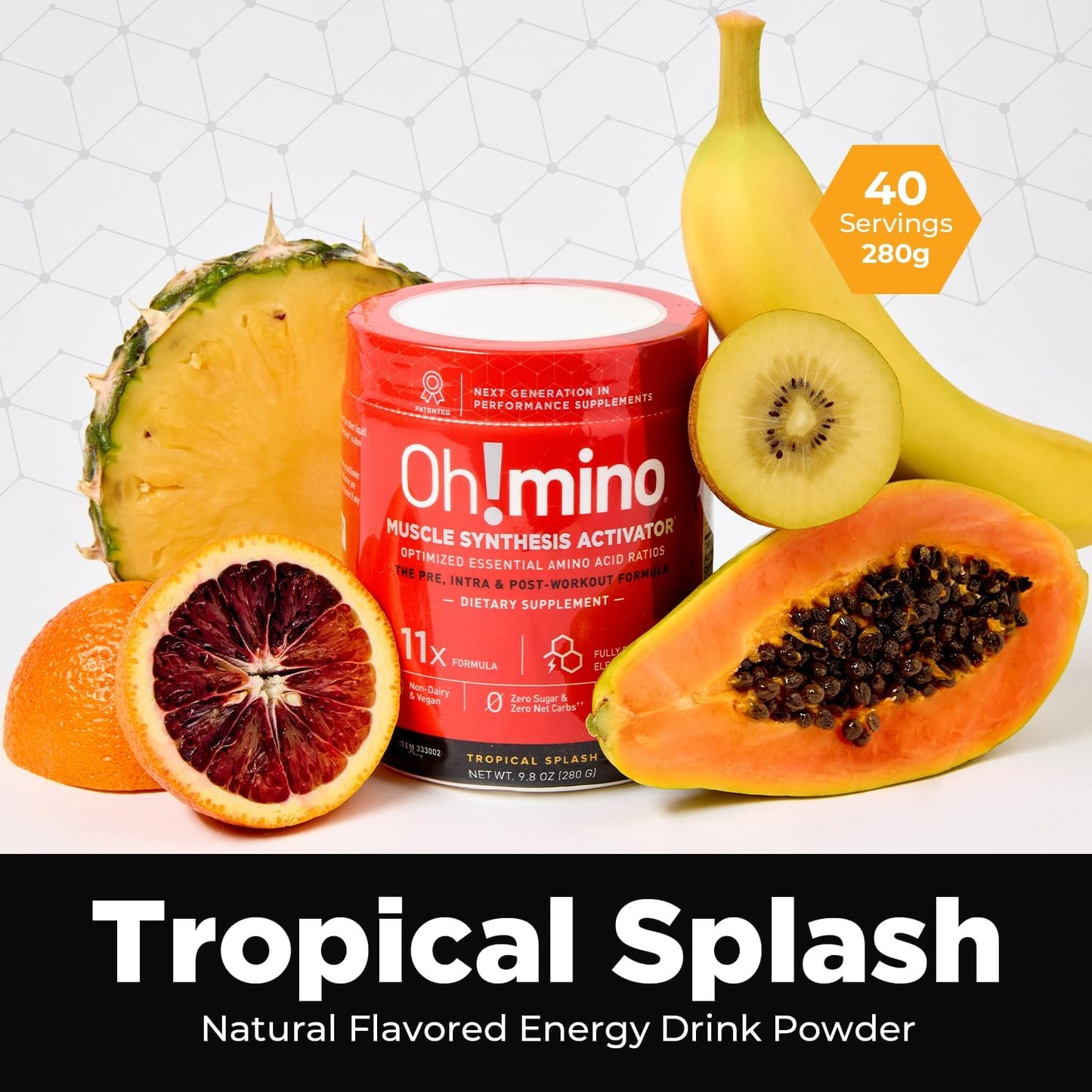 Tropical Splash Oh!mino Amino Acids Powder Supplement for Pre & Post Workout Recovery - Vegan, Caffeinated, Zero Sugar - 280g, 40 Servings