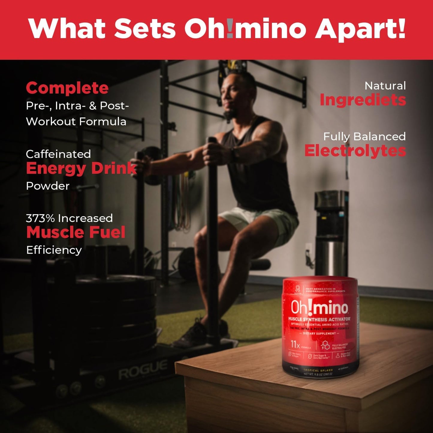 Tropical Splash Oh!mino Amino Acids Powder Supplement for Pre & Post Workout Recovery - Vegan, Caffeinated, Zero Sugar - 280g, 40 Servings