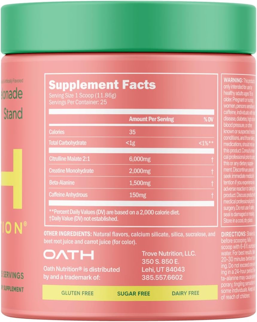 Trove Nutrition Oath Nutrition Sport Pre-Workout Stim Melonade Stand 25 Servings - Boost Your Workout Performance