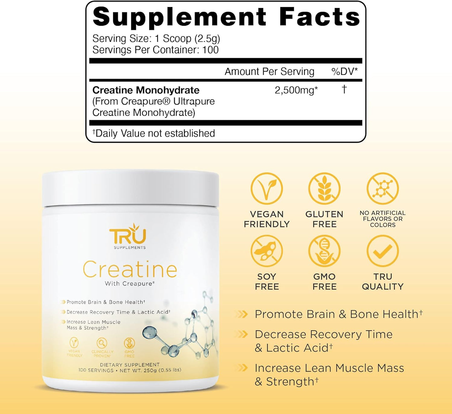 TRU Creatine Supplement | Pure Creapure for Strength & Stamina | Lean Muscle Builder | Water Retention-Free | Clinically Tested | 100 Servings