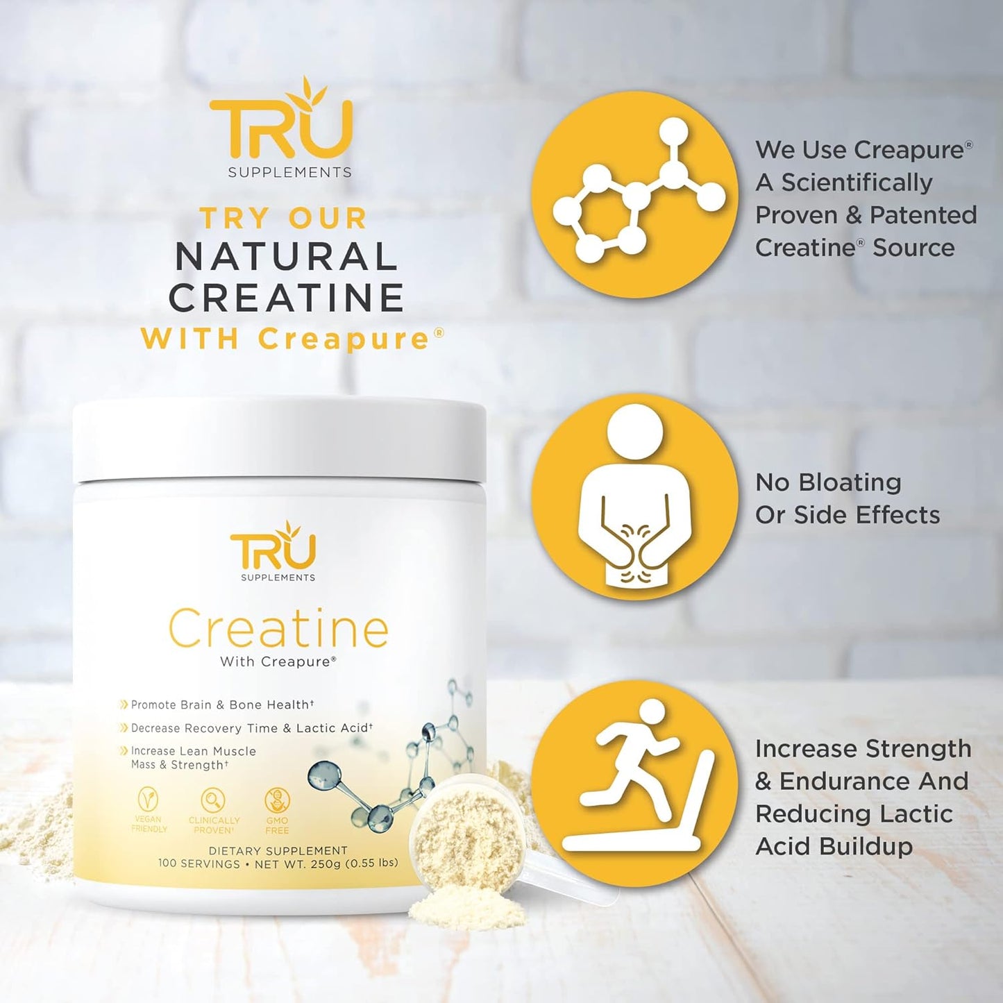 TRU Creatine Supplement | Pure Creapure for Strength & Stamina | Lean Muscle Builder | Water Retention-Free | Clinically Tested | 100 Servings