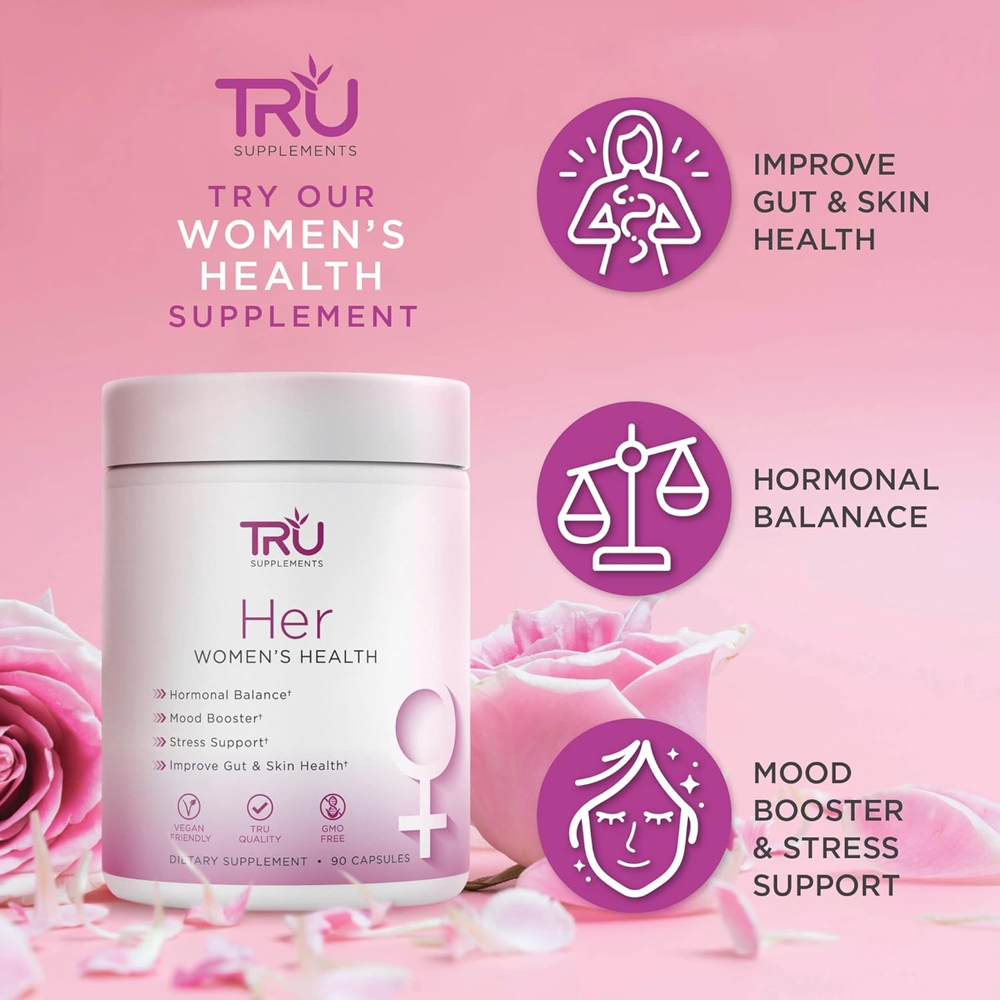 TRU HER Women's Supplement: Digestion, Hormonal Balance, Fertility, Gut & Skin Health, Mood Boost - 120 Capsules