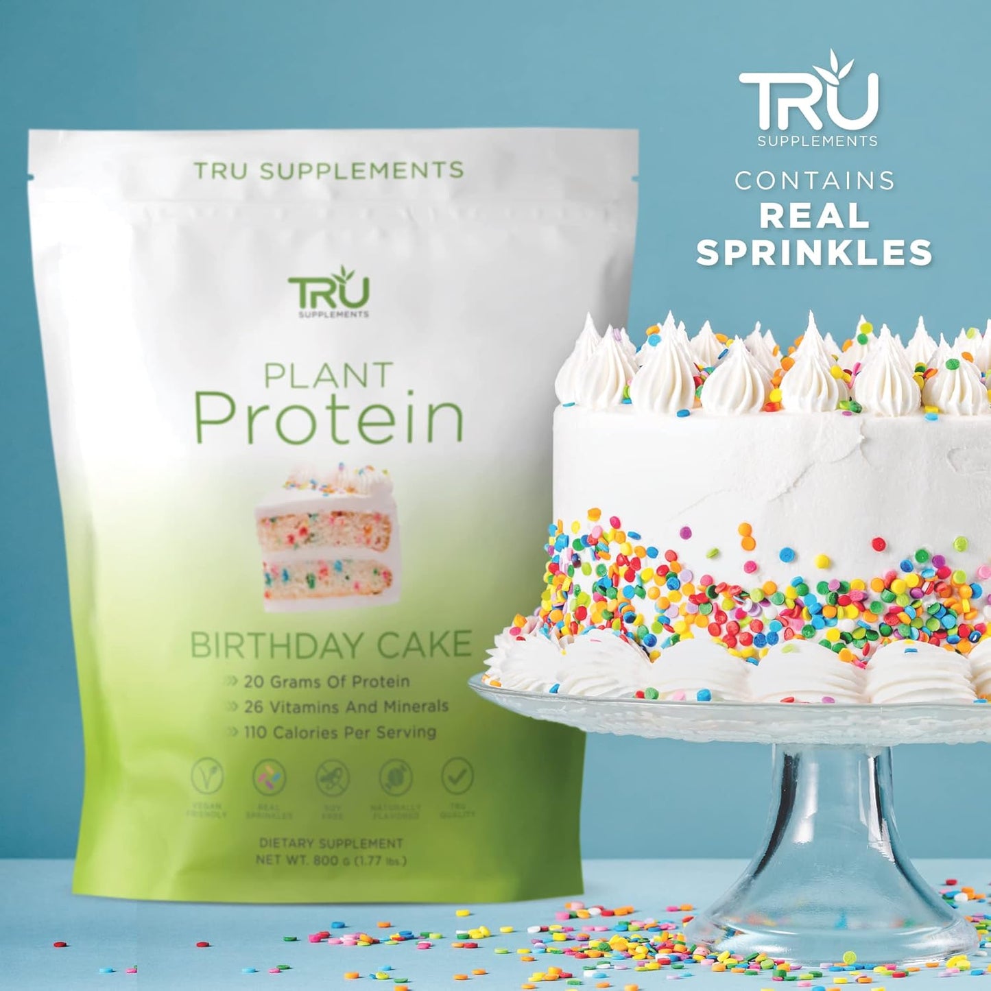 TRU Plant Based Protein Powder with BCAA, EAA, 20g Vegan Protein, 27 Vitamins - Birthday Cake Flavor - 25 Servings