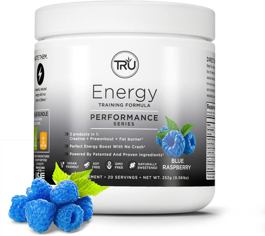 TRU Supplements Energy Boosting Pre-Workout Formula - Vegan Friendly, No Jitters, Enhance Workout Performance, Natural Flavors, 20 Servings (Blue Raspberry)