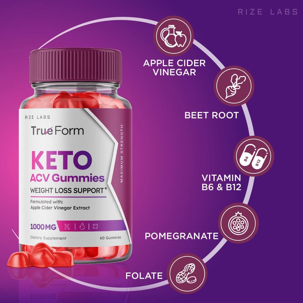 True Form Keto ACV Gummies for Slimming Formula Support - Apple Cider Vinegar Extract Supplement for Energy - 60 Gummies