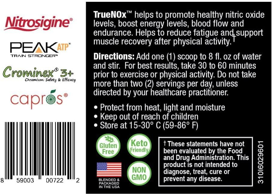 True-NOx Nitric Oxide Powder Supplement with Nitrosogine L-Arginine, Peak ATP, & Beetroot Juice - Pre-Workout Booster for Men and Women - Gluten Free, Keto, Non-GMO