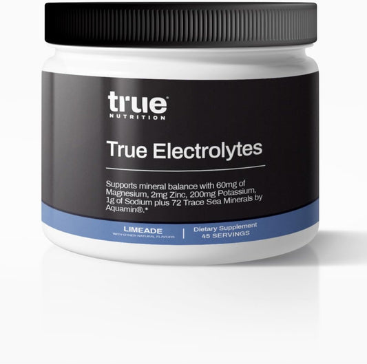 True Nutrition Electrolyte Hydration Drink Mix - Limeade Flavor | Supports Mineral Balance with Zinc, Potassium, Magnesium, & Sodium | Aquamin 72 Trace Sea Minerals | 5 Cal, 0g Sugar | 45 Servings