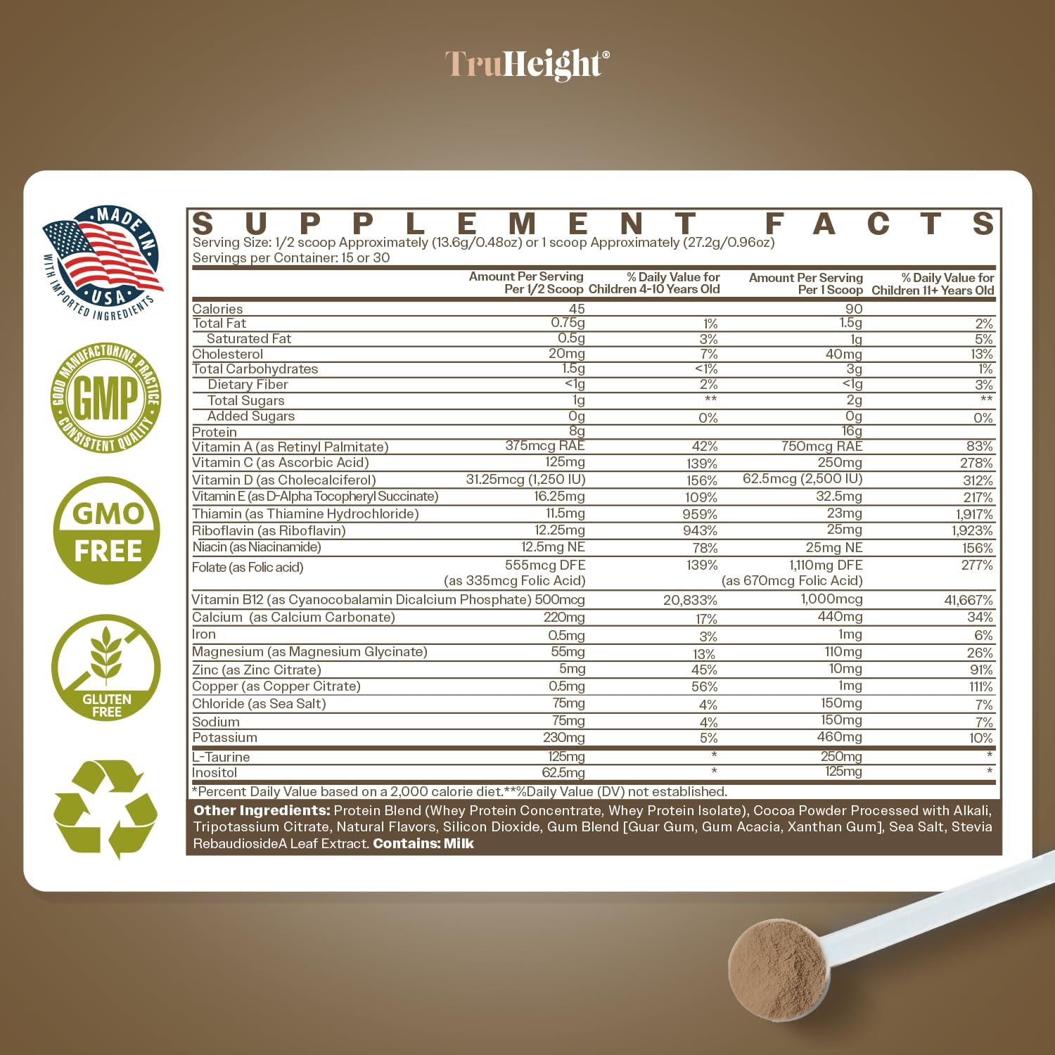 TruHeight Chocolate Growth Protein Shake - Pediatric Formula with Immune Support for Children and Teens