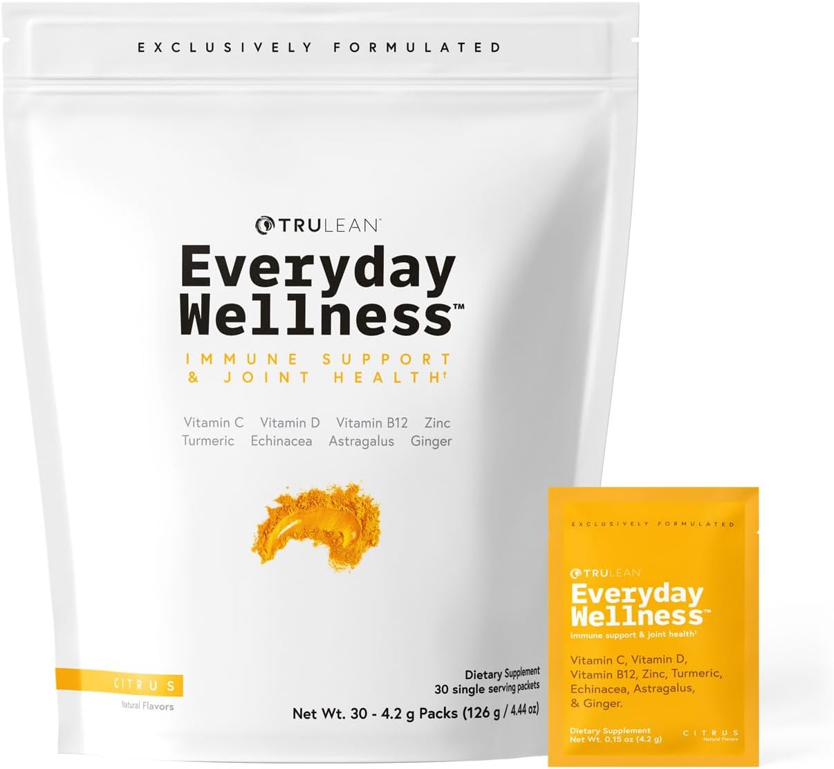 TRULEAN Everyday Wellness Immune Support and Vitamin Shot with Vitamin-C, Turmeric, Ginger, Zinc, & Echinacea - Sugar-Free & Gluten-Free - 30 Packets